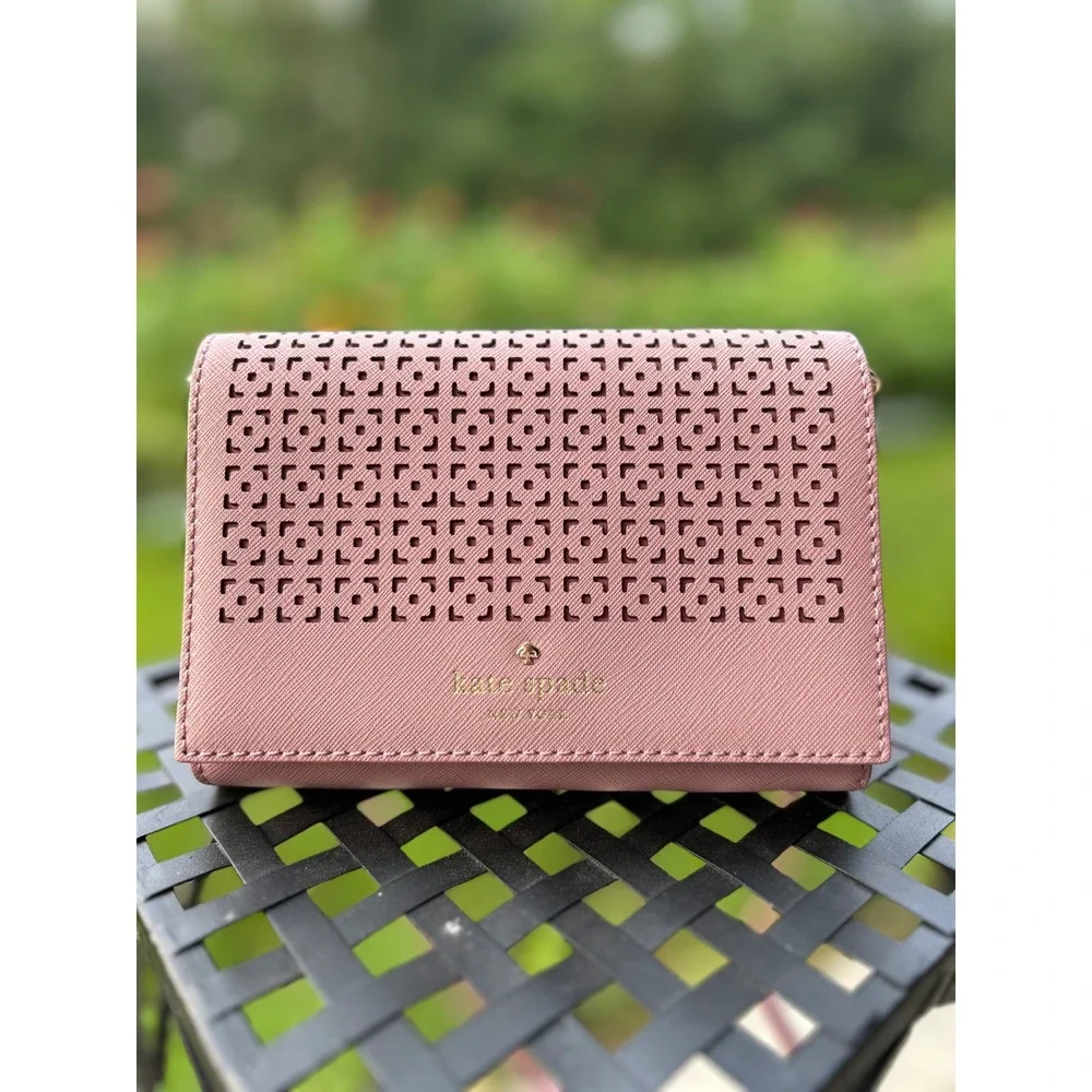 Kate Spade Cedar Street Perforated Cami Crossbody Clutch Pink Saffiano Like New!